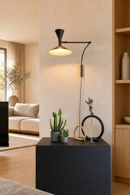 Ivoran Plug-In Swing Arm Wall Sconce - Metal Cone Adjustable Reading Light for Bedroom and Study