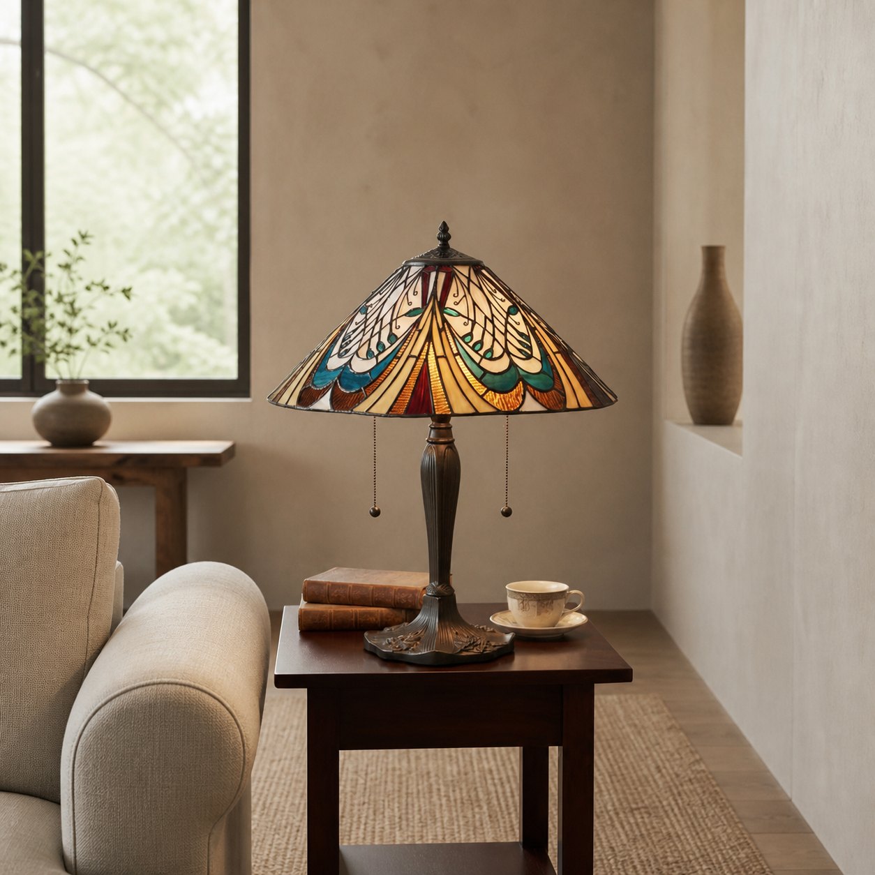 TF Hector Art Nouveau Table Lamp – Stained Glass Shade Decorative Lighting for Living Room or Bedroom