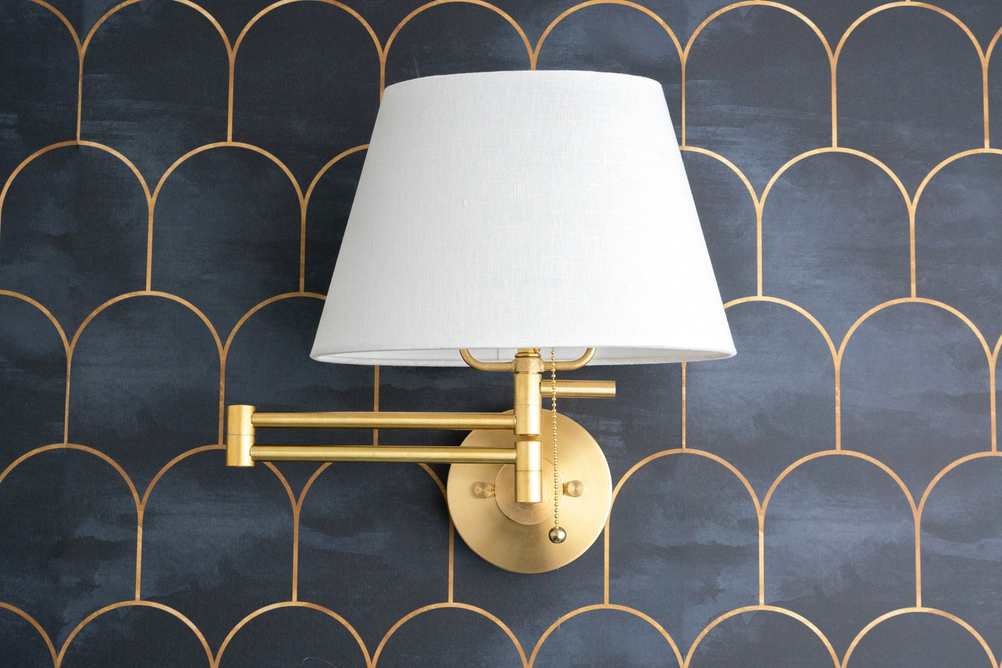 Ornato Brass Swing Arm Wall Sconce with White Cloth Shade for Bathroom Vanity or Hallway