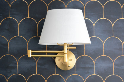 Ornato Brass Swing Arm Wall Sconce with White Cloth Shade for Bathroom Vanity or Hallway