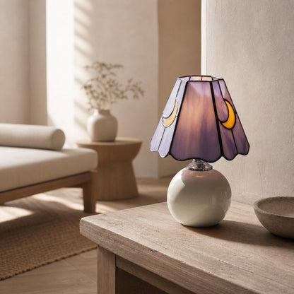 Stellum Mushroom Moon Stained Glass Table Lamp Artistic Accent Light Ceramic Base for Living Spaces