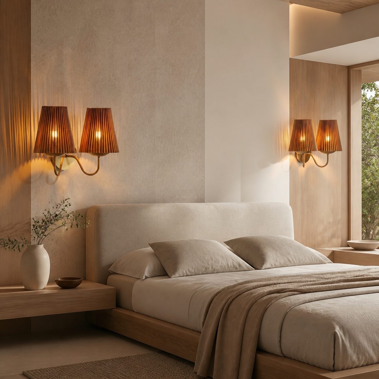 Zhoove Bambus-Wandleuchte – Plissiertes Naturschirmdesign für Wohnzimmer oder Schlafzimmer