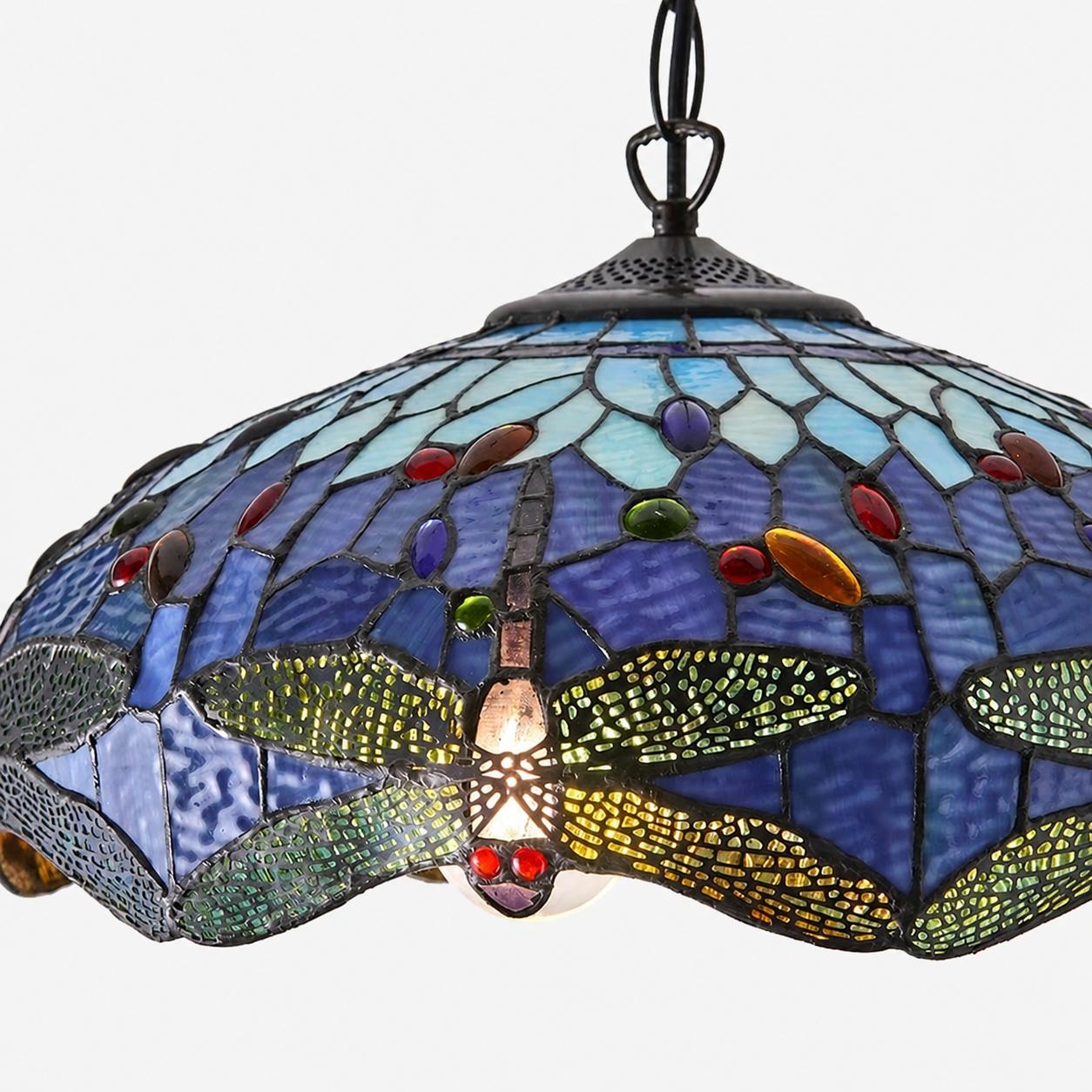 TF Dragonfly Blue Tiffany-Deckenleuchte – Jugendstil-Pendelleuchte aus Buntglas für Wohnzimmer