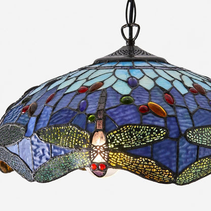 TF Dragonfly Blue Tiffany-Deckenleuchte – Jugendstil-Pendelleuchte aus Buntglas für Wohnzimmer