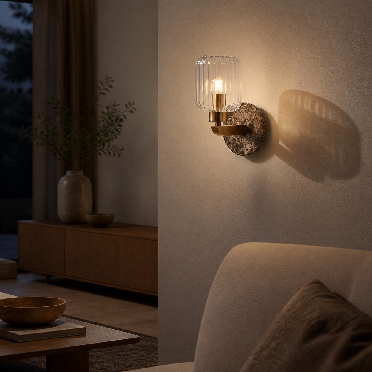 Korlisse Modern Marble Wall Light - Vintage Brass & Clear Glass Accent for Living Room and Hallway