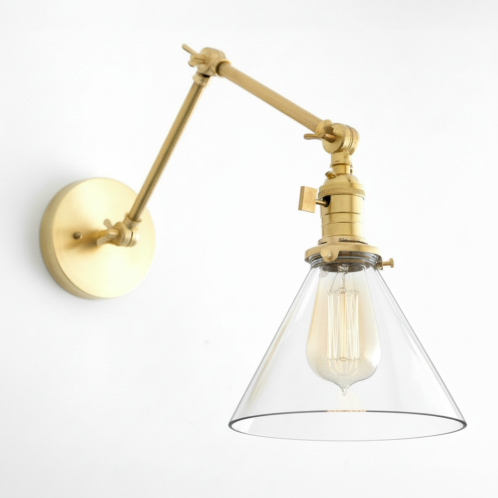 Conique Metal Industrial Wall Sconce with Adjustable Arm - Vintage Glass Cone Shade