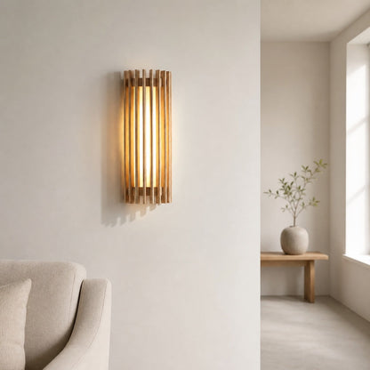 Boskelux Walnut Wall Lamp – Curved Backplate and Diffused Glow for Living Rooms or Hallways