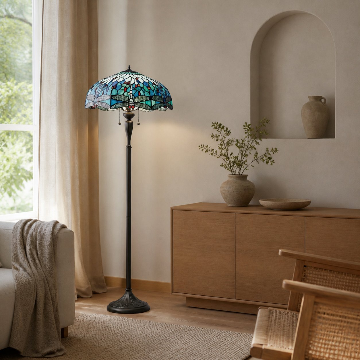 TF Dragonfly Motif Floor Lamp – Vintage Stained-Glass for Living Rooms