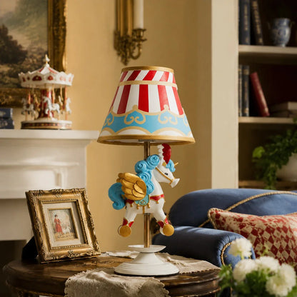 Circus carousel unicorn table lamp in a warm vintage room