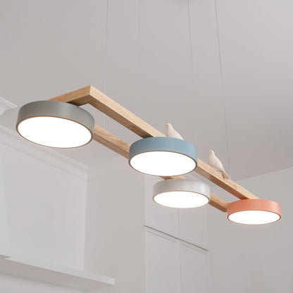 Vogel-Kronleuchter, Holzbalken, Metall, Acrylharz, integrierte LED, helles weißes Licht