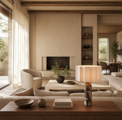 Cavilon Table Lamp with Fan-Shaped Linen Shade - Stone Finishes Suitable for Living Rooms