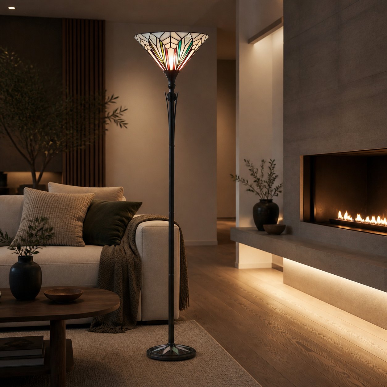 TF Astoria Stehlampe im Tiffany-Stil – Lampenschirm aus strukturiertem Glas für stimmungsvolles Wohn- und Büroambiente