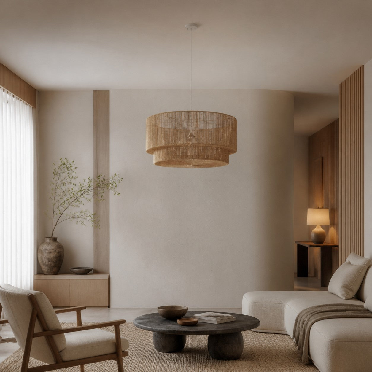 Florevianische Hängeleuchte aus gewebtem Jute – Boho-Chic-Trommelpendelleuchte für Wohn- oder Esszimmer