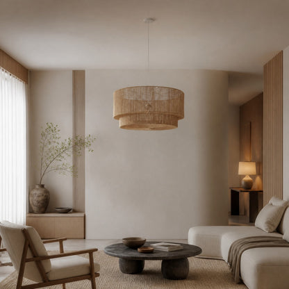 Florevianische Hängeleuchte aus gewebtem Jute – Boho-Chic-Trommelpendelleuchte für Wohn- oder Esszimmer