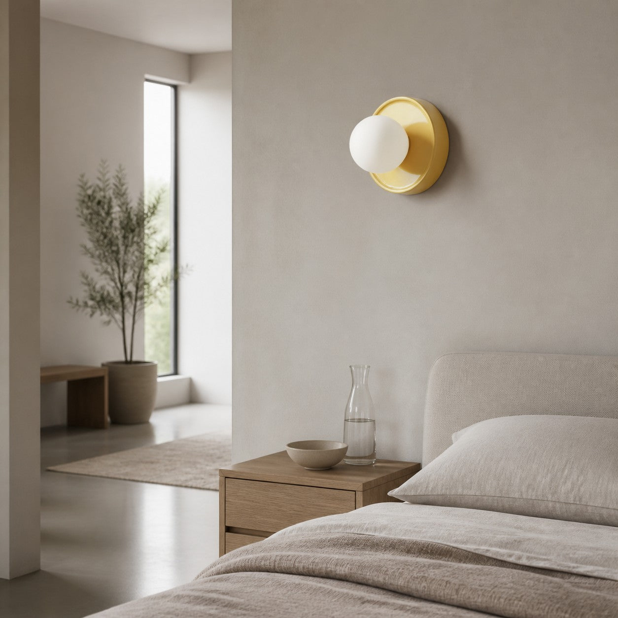 Solna Round Glass Wall Sconce with Ceramic Base—Minimalist Lighting for Bedroom or Hallway