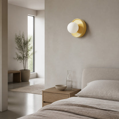 Solna Round Glass Wall Sconce with Ceramic Base—Minimalist Lighting for Bedroom or Hallway