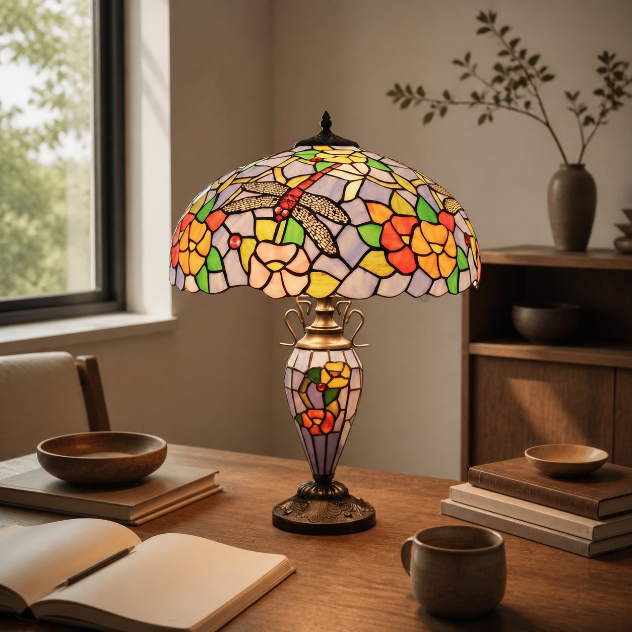 TF Keswick Dragonfly Tiffany Table Lamp – Handcrafted Stained Glass Shade for Living Room or Bedroom