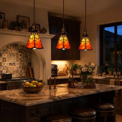 orange red pendant kitchen island scene