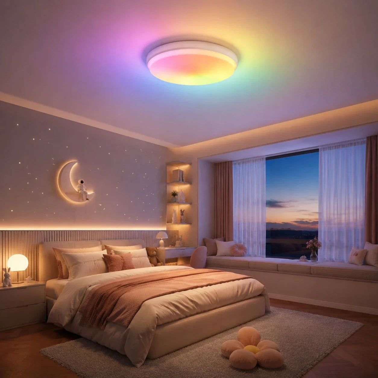 Round ceiling lamp with warm rainbow glow over a bed