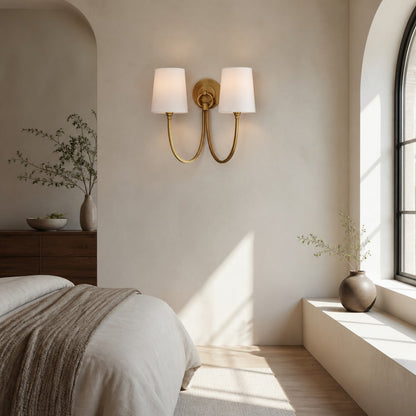 Roven Modern Double Wall Sconce with Curved Arms and Fabric Shades – Classic Accent Lighting for Bedroom