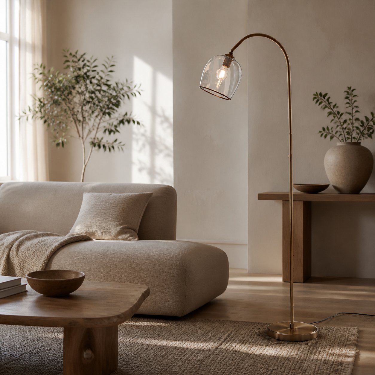 Brazara Adjustable Glass Shade Floor Lamp – Curved Metal Stem for Living Spaces