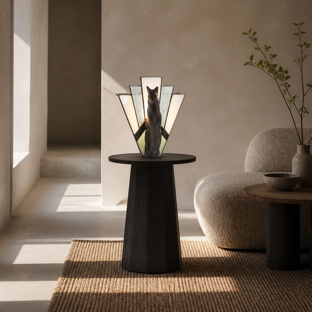 TF Felix Tischleuchte – Art-Deco-Design mit Glasschirm und Katzenfigur für Wohnzimmer oder Schlafzimmer