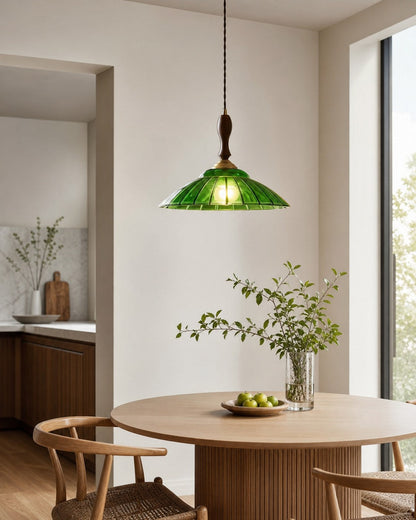 Elunaris Vintage Trumpet Shape Pendant Light with Green Glass Shade for Dining Room
