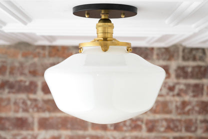 Geotower Glass Brass Ceiling Light - Opal Glass Schoolhouse Shade - Modern Elegance