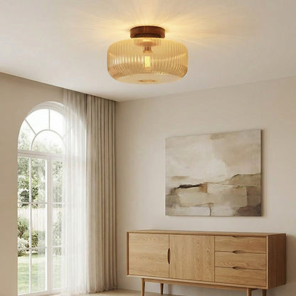Amberflow Retro Amber Fluted Glass Ceiling Light – Round Flush Mount for Hallways and Entryways