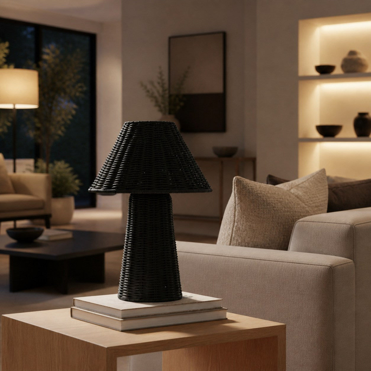 Wickara Sculptural Rattan Mini Table Lamp - Natural Woven Finish Suitable for Side Tables & Entryways