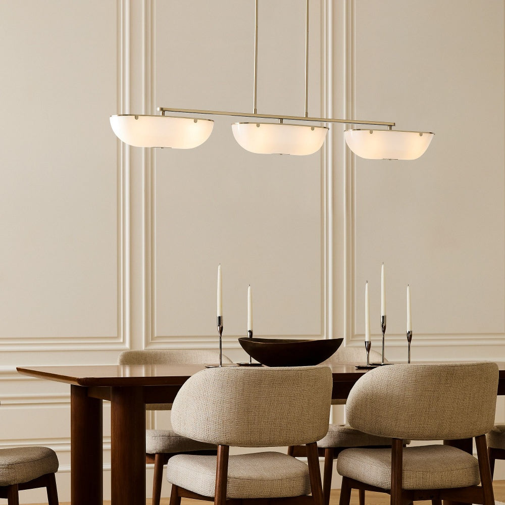 Ferosa Boat-Shaped Lampshade Linear Chandelier - Antique Brass with Milk Glass