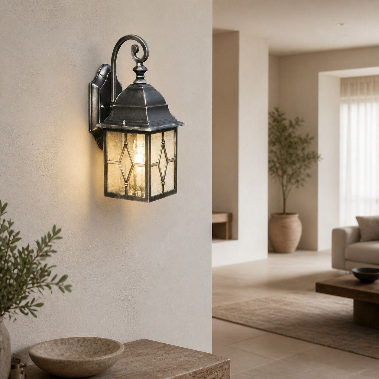 Frostine Traditional Outdoor Wall Light - Leaded Water Glass Lantern for Porch and Patio Lighting