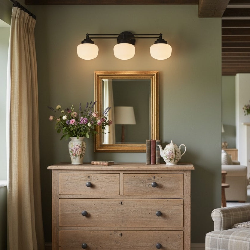 Opalume Glass Art Deco Vanity Light - Bathroom Wall Sconce with White Glass Shades