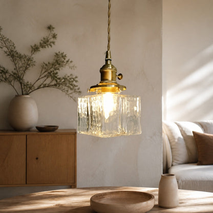 Traditional Vintage Square Rectangle Ripple Glass Iron 1-Light Pendant Light For Living Room