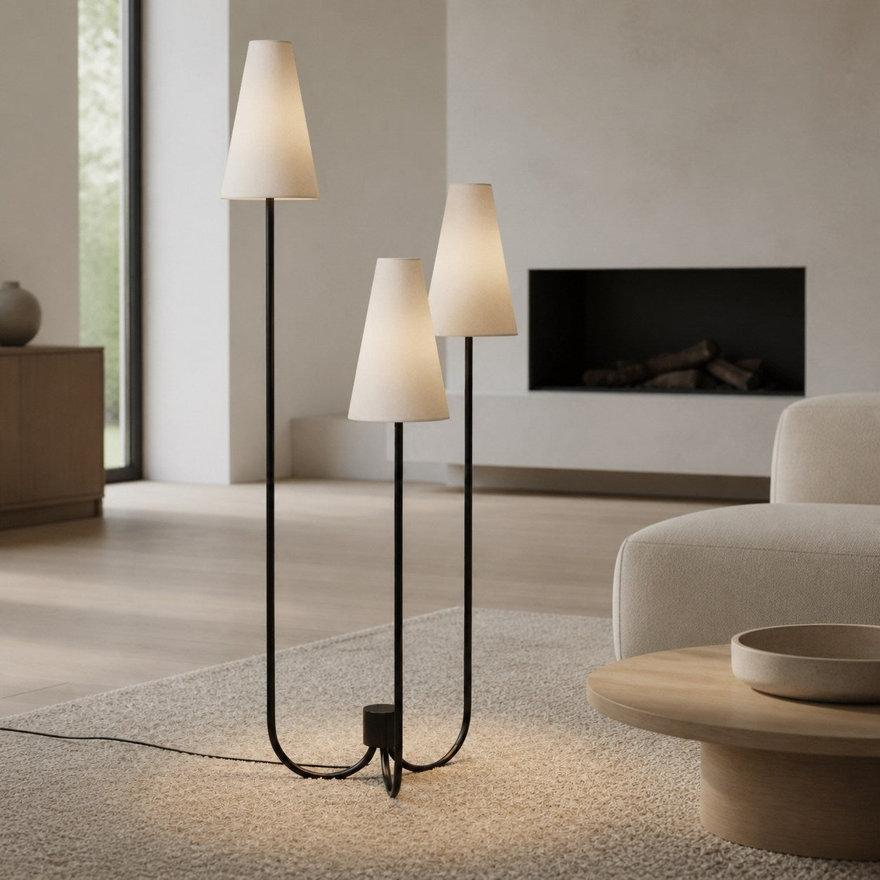 Cordove Stehleuchte mit drei konischen Schirmen – Moderne minimalistische Metall-Stoffleuchte für das Wohnzimmer