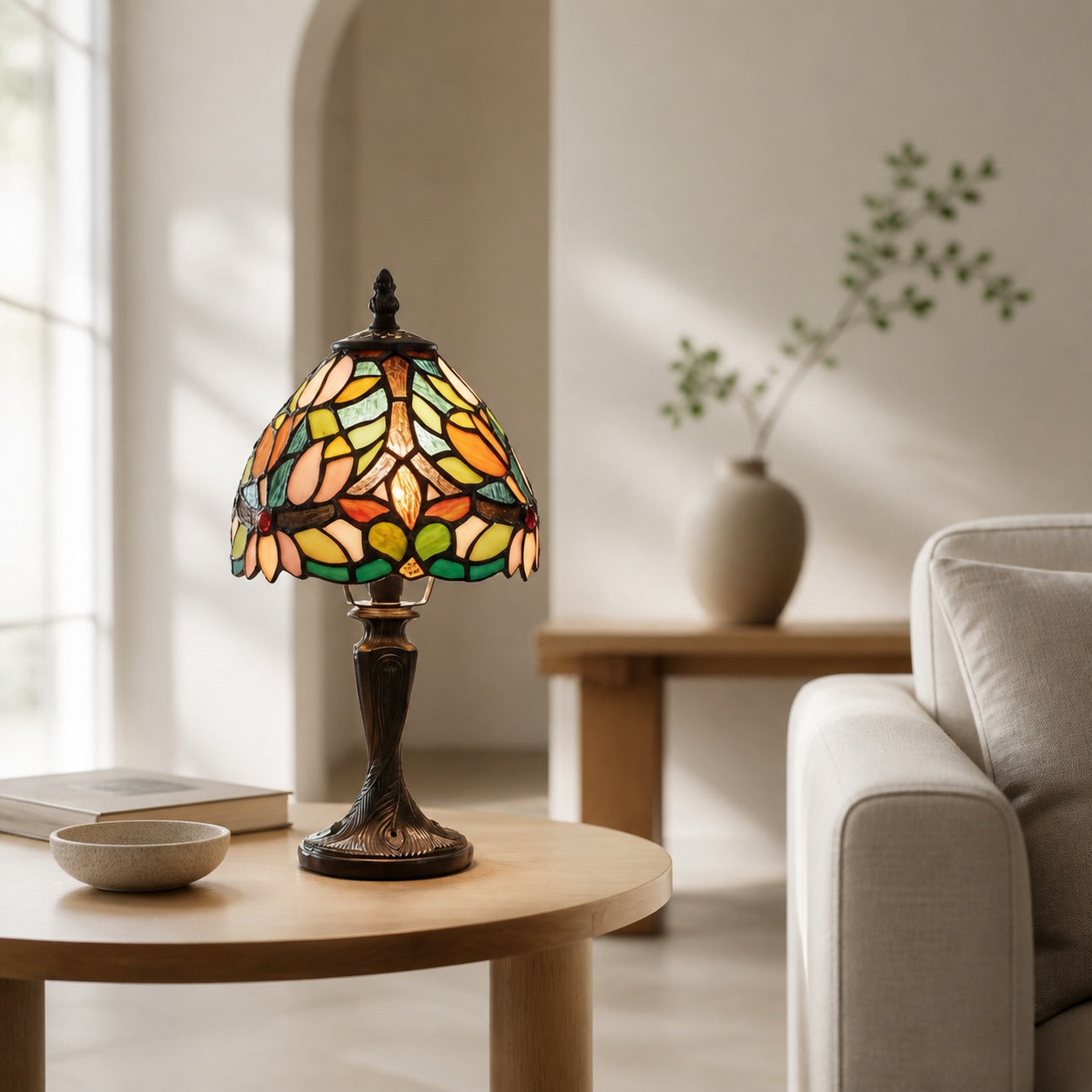 Calyra Vintage Floral Stained Glass Table Lamp — Art Deco Tiffany Style Accent Light for Bedside and Living Room