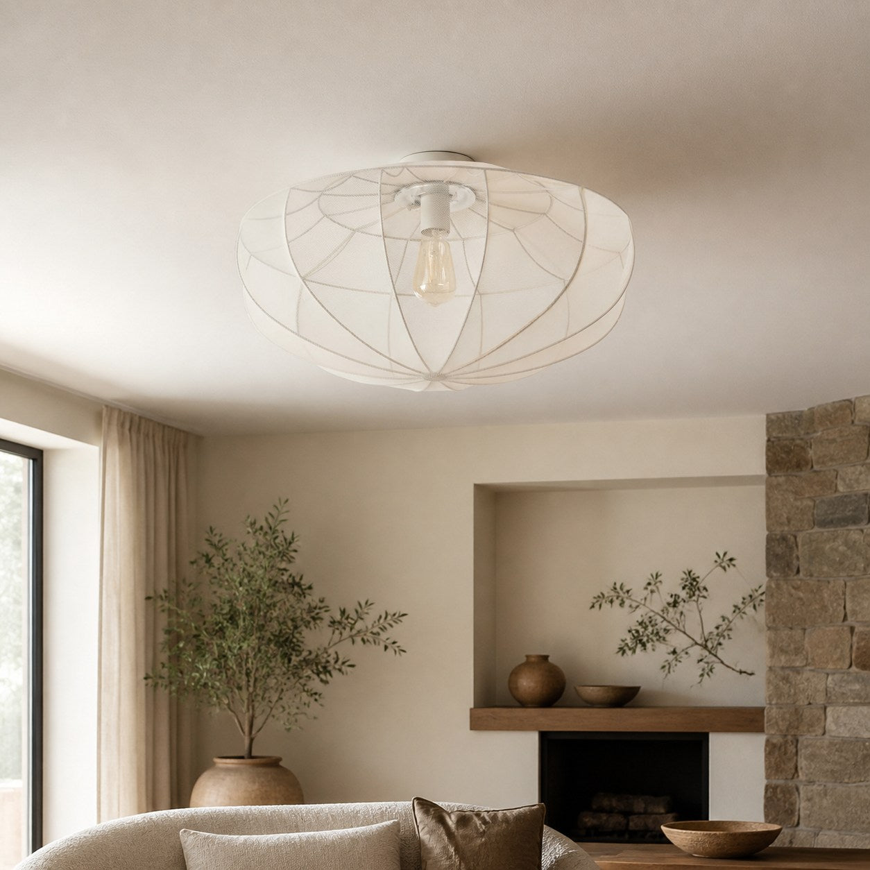 Lumifil Deckenleuchte mit drapiertem Netzgewebe – Boho-Stil-Lampe mit rustikalem, strukturiertem Schirm für Wohnzimmer oder Schlafzimmer