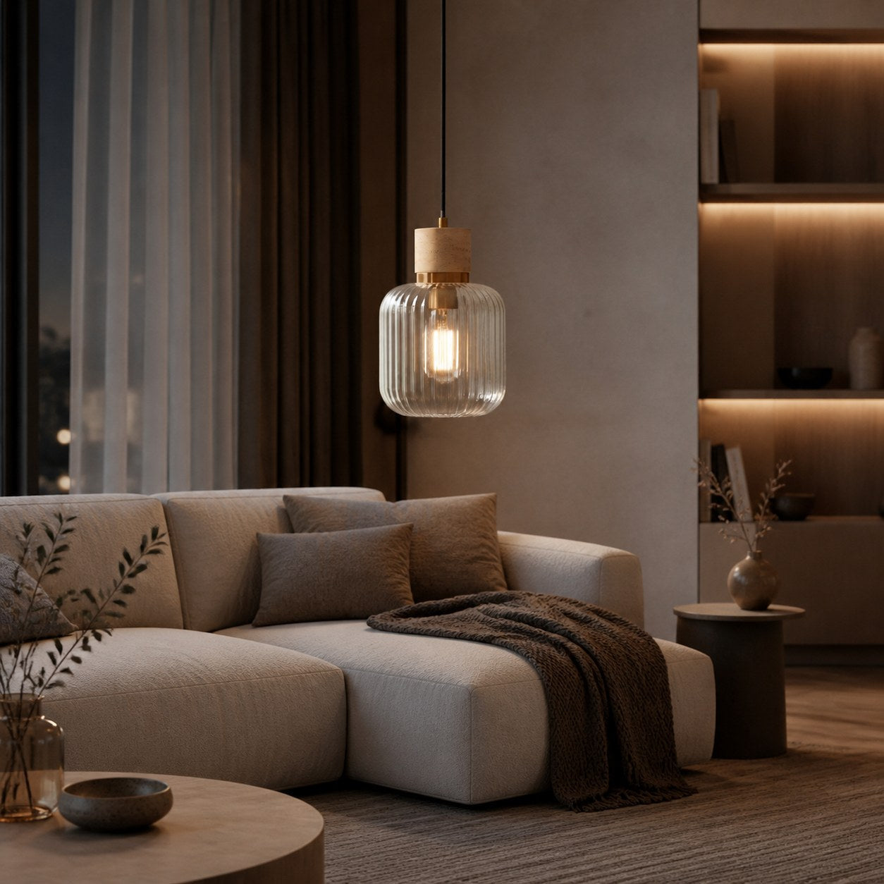 Korlisse Pendelleuchte aus Naturstein und Glas – Stilvolle Lampe für Wohnzimmer oder Lounge