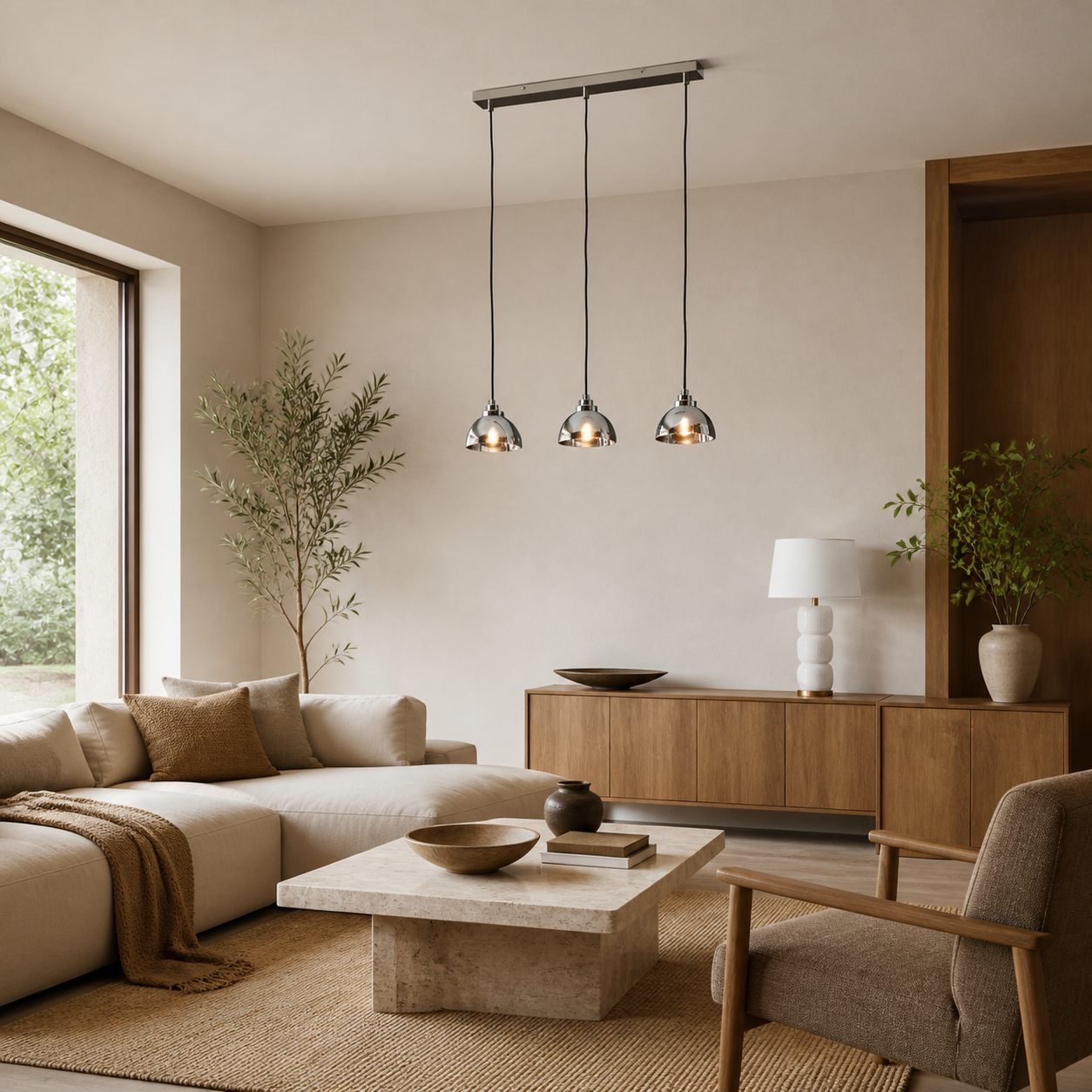 Shimmera 3-Light Linear Pendant – Mirror Glass Shades with Modern Nickel Finish for Dining Rooms