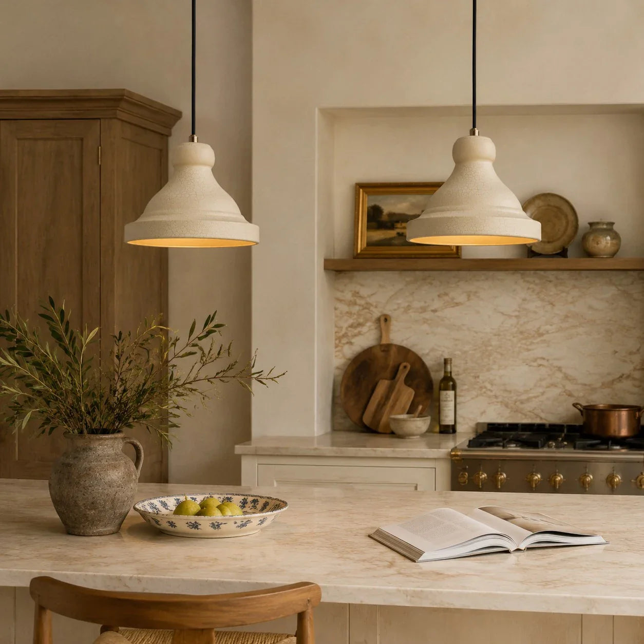 Beige metal pendant lamp in a kitchen nook scene