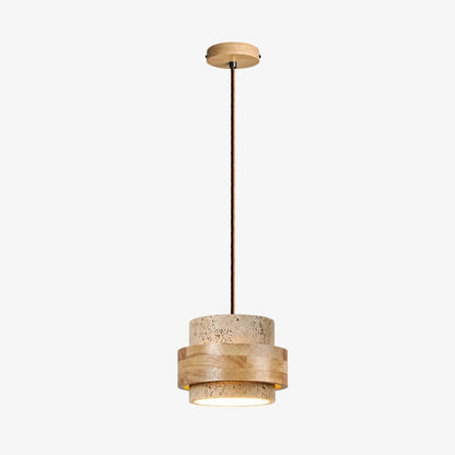 Travertine wood single pendant lamp hardwired full view