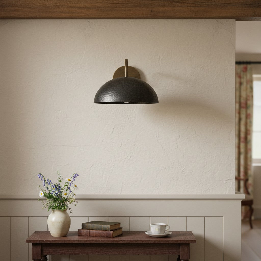 Curva Metal  Industrial Wall Sconce - Curved Brass Arm - Hammered Dome Light Fixture