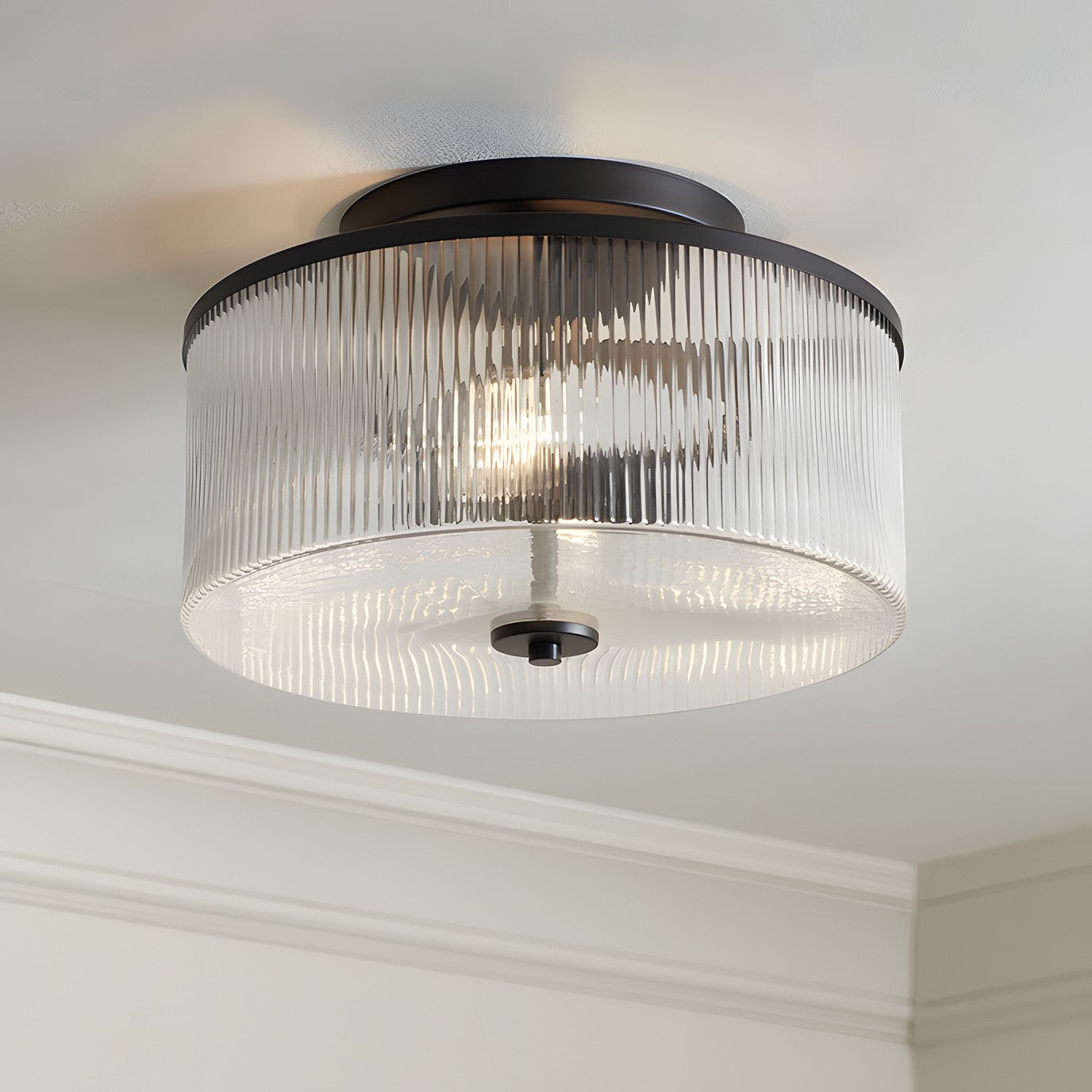 Retro Fluted Glass Drum Ceiling Light