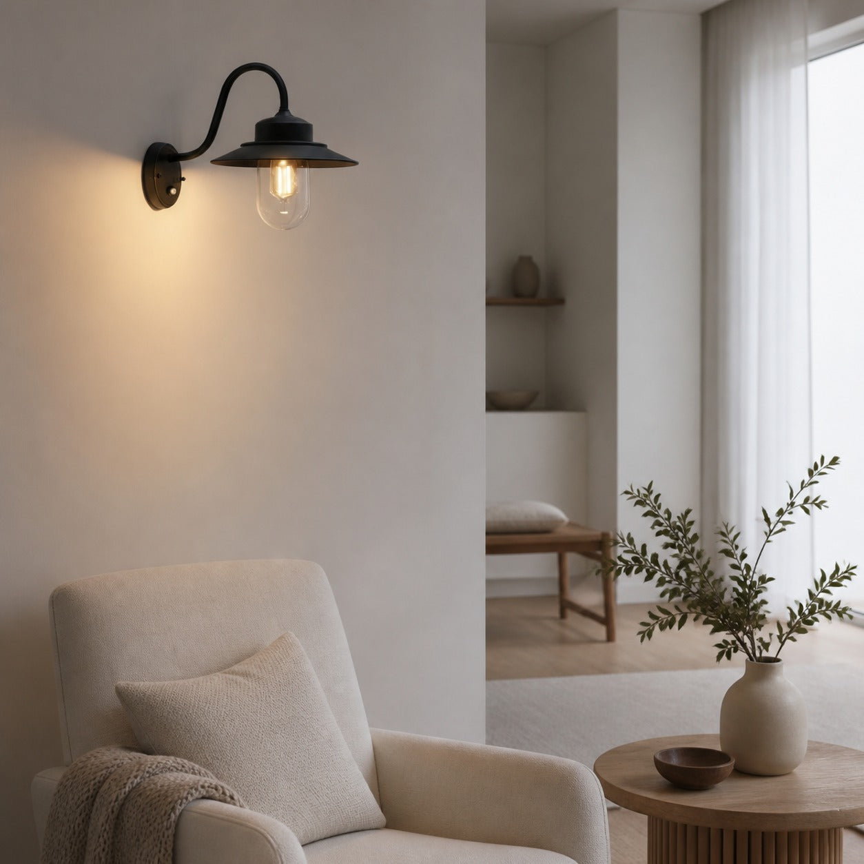 Trevanta Arched Arm Design Wall Light - Black Painted Sensor Lantern Style for Small Spaces