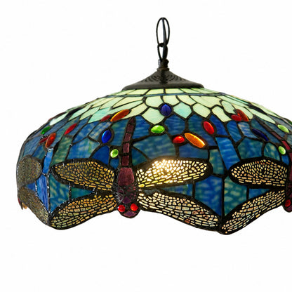 TF Dragonfly Blue Tiffany-Deckenleuchte – Jugendstil-Pendelleuchte aus Buntglas für Wohnzimmer