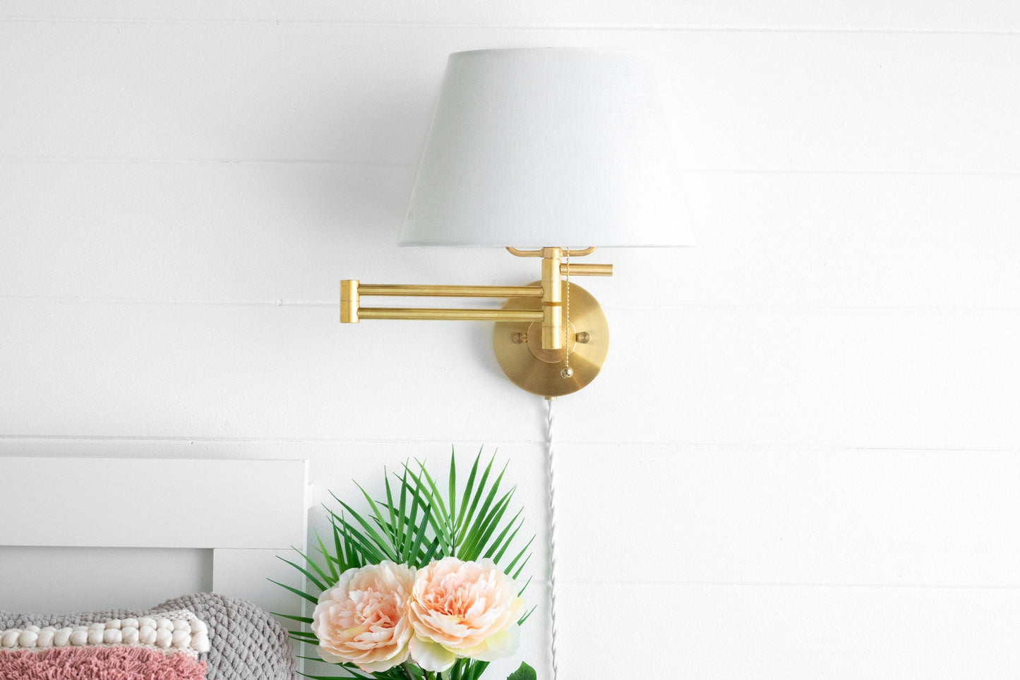 Ornato Brass Swing Arm Wall Sconce with White Cloth Shade for Bathroom Vanity or Hallway