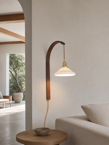 Curved Walnut Ceramic Plug-in Wall Light