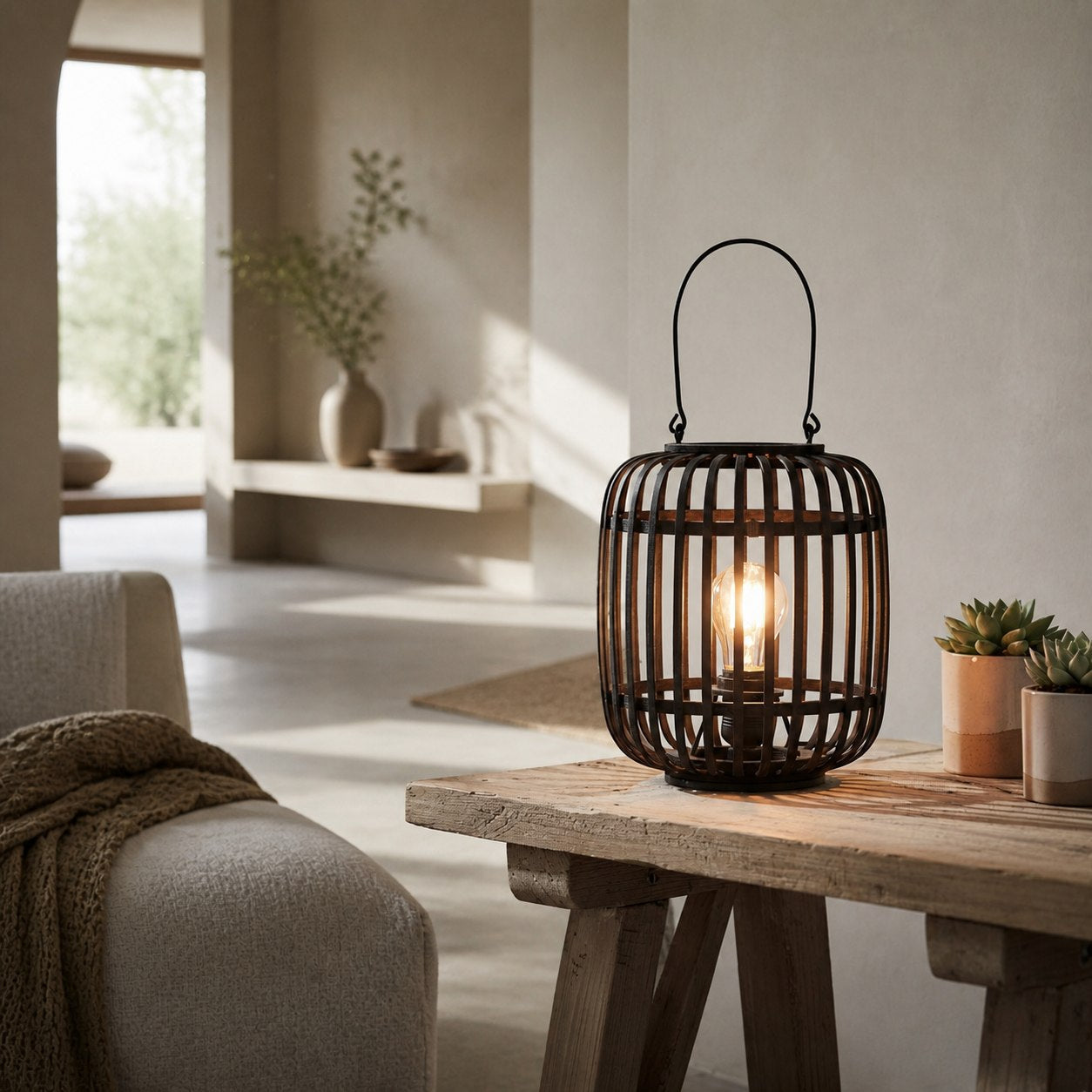 Yumeko Ambient Tischleuchte – Stilvolles und umweltfreundliches Design im offenen Bambuskäfig-Stil für Wohn- und Schlafzimmer