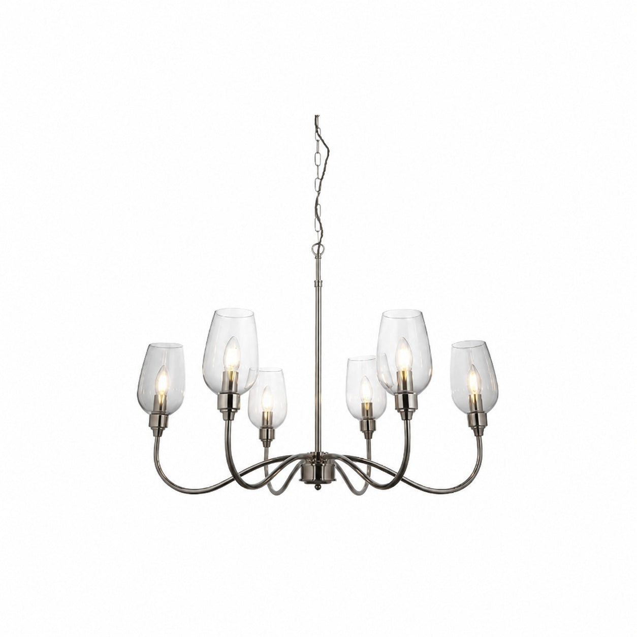 Clarione Art Deco 6-flammiger linearer Kronleuchter mit mundgeblasenen Glasschirmen für die Küche