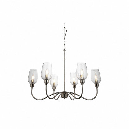 Clarione Art Deco 6-flammiger linearer Kronleuchter mit mundgeblasenen Glasschirmen für die Küche